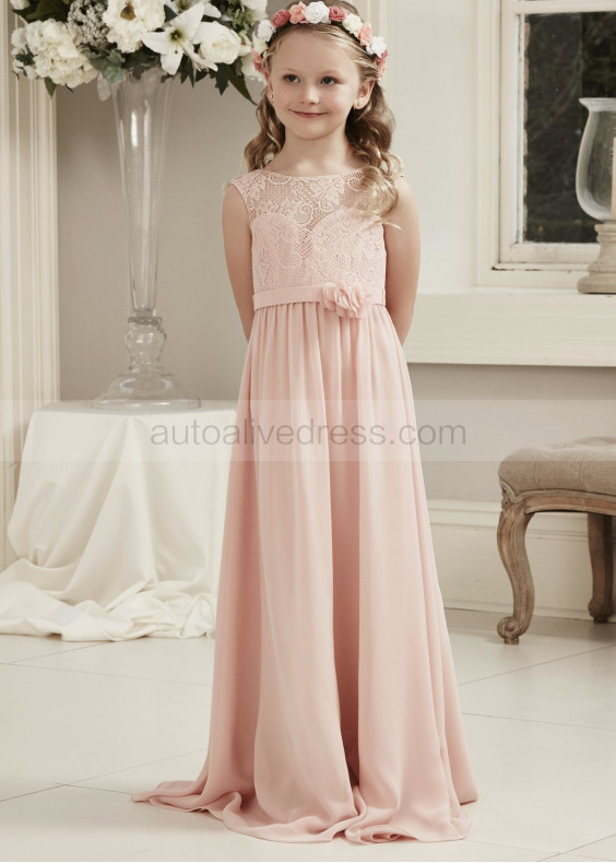 Blush Pink Lace Chiffon Floor Length Junior Bridesmaid Dress
